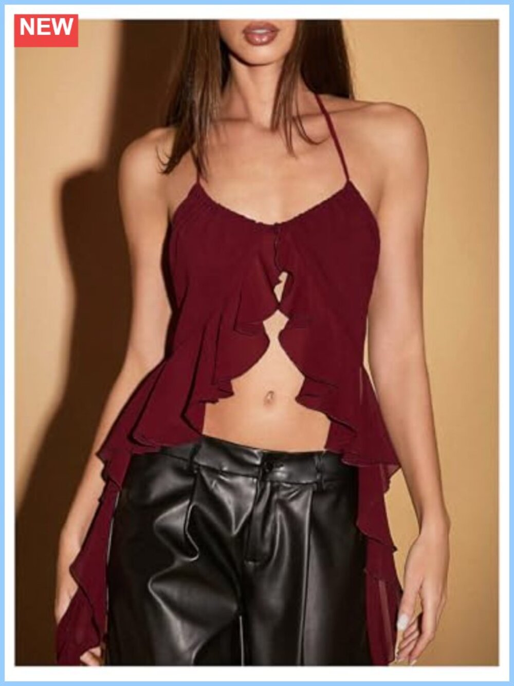 Women's Halter Cami Top Backless Asymmetrical Ruffle Rave Top - Picture 4 of 4